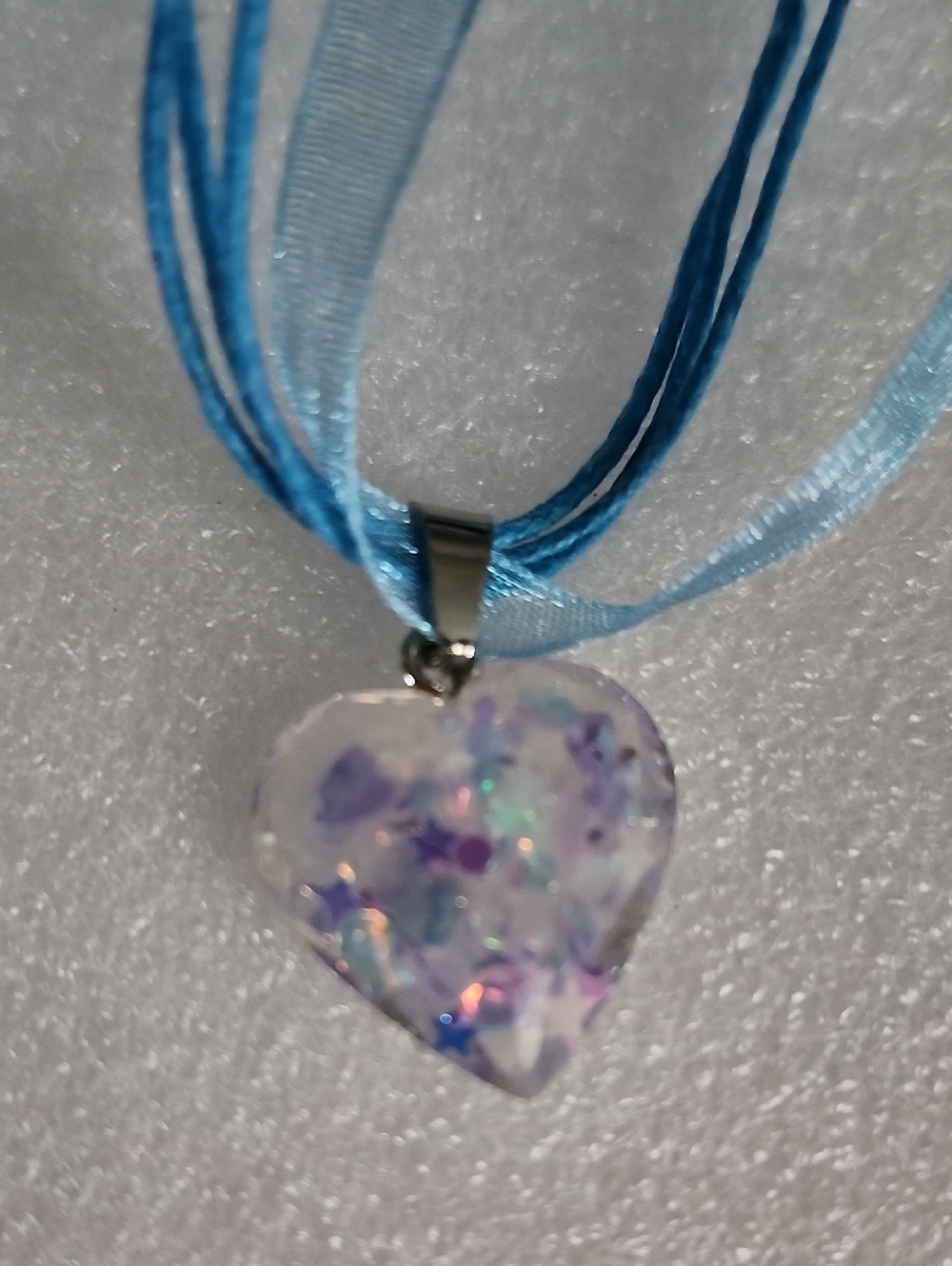 Hand Crafted Blue Ribbon Heart Pendant Necklace